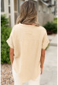 Parchment Crinkle Textured Frayed Trim Half Button Short Sleeve Top