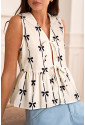 White Bow Printed Tie Closure Ruffled Vest