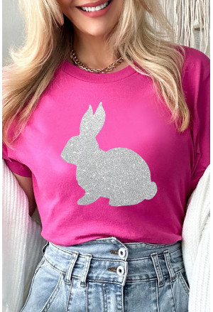 Rose Red Glitter Easter Bunny Graphic Crew Neck Tee