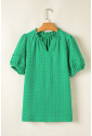 Bright Green Textured Puff Short Sleeve Notched V Neck Top