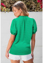 Bright Green Textured Puff Short Sleeve Notched V Neck Top