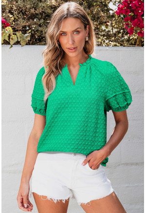 Bright Green Textured Puff Short Sleeve Notched V Neck Top