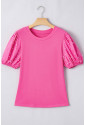 Bright Pink Ribbed Pearl Beaded Puff Sleeve Top