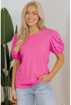 Bright Pink Ribbed Pearl Beaded Puff Sleeve Top