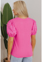 Bright Pink Ribbed Pearl Beaded Puff Sleeve Top