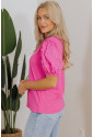 Bright Pink Ribbed Pearl Beaded Puff Sleeve Top