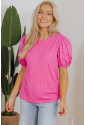 Bright Pink Ribbed Pearl Beaded Puff Sleeve Top