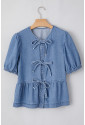 Dusk Blue Tied Front Bubble Sleeve Peplum Denim Shirt