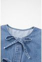 Dusk Blue Tied Front Bubble Sleeve Peplum Denim Shirt