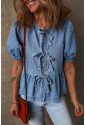 Dusk Blue Tied Front Bubble Sleeve Peplum Denim Shirt