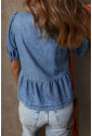 Dusk Blue Tied Front Bubble Sleeve Peplum Denim Shirt