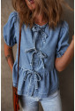 Dusk Blue Tied Front Bubble Sleeve Peplum Denim Shirt