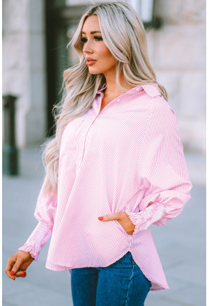 Pink Smocked Cuffed Striped Boyfriend Shirt with Pocket