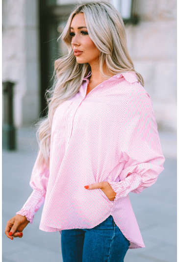 Pink Smocked Cuffed Striped Boyfriend Shirt with Pocket