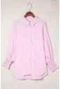 Pink Smocked Cuffed Striped Boyfriend Shirt with Pocket