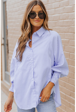 Blue Smocked Cuffed Striped Boyfriend Shirt with Pocket