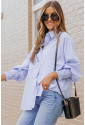 Blue Smocked Cuffed Striped Boyfriend Shirt with Pocket