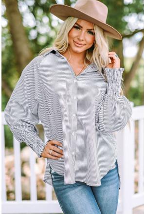 Smocked Cuffed Striped Boyfriend Shirt with Pocket