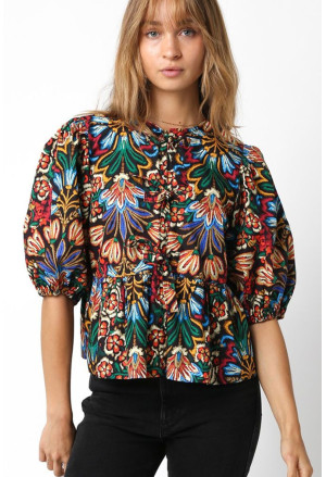 Black Tropical Print Bubble Sleeve Knot Front Blouse