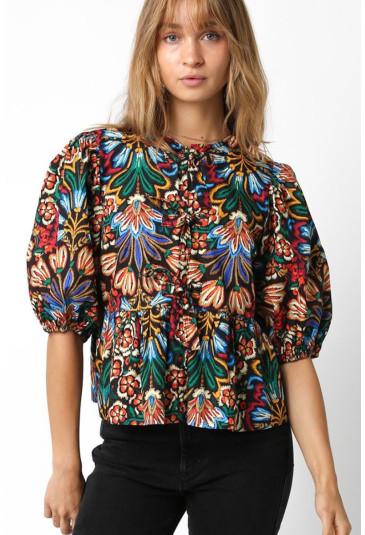 Black Tropical Print Bubble Sleeve Knot Front Blouse