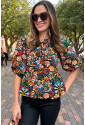 Black Tropical Print Bubble Sleeve Knot Front Blouse