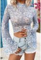 Sky Blue Floral Bell Sleeve Mock Neck Crop Mesh Top