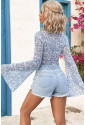 Sky Blue Floral Bell Sleeve Mock Neck Crop Mesh Top