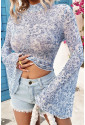 Sky Blue Floral Bell Sleeve Mock Neck Crop Mesh Top