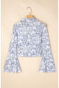 Sky Blue Floral Bell Sleeve Mock Neck Crop Mesh Top