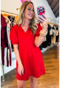 Fiery Red Textured Collared V Neck Puff Short Sleeve Shift Mini Dress