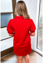 Fiery Red Textured Collared V Neck Puff Short Sleeve Shift Mini Dress