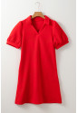 Fiery Red Textured Collared V Neck Puff Short Sleeve Shift Mini Dress