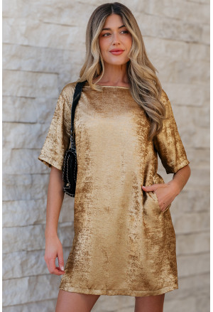 Gold Metallic Luster Crewneck Mini T-Shirt Dress