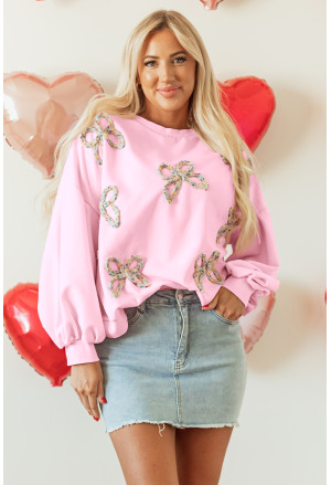 Light Pink Embroidered Bow Lantern Sleeve Oversized Pullover Sweatshirt