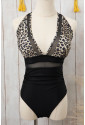 Brown Leopard Mesh Insert V Neck High Waist Monokini