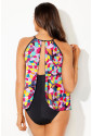 Floral Print O Neck Open Back One Piece Swimsuit