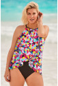 Floral Print O Neck Open Back One Piece Swimsuit