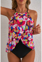 Floral Print O Neck Open Back One Piece Swimsuit