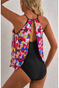 Floral Print O Neck Open Back One Piece Swimsuit