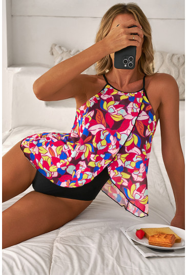 Floral Print O Neck Open Back One Piece Swimsuit