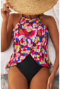 Floral Print O Neck Open Back One Piece Swimsuit