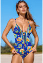 Blue Floral Plunging One-Piece Crisscross Backless One Piece Swimsuit