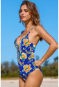 Blue Floral Plunging One-Piece Crisscross Backless One Piece Swimsuit