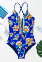 Blue Floral Plunging One-Piece Crisscross Backless One Piece Swimsuit