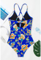 Blue Floral Plunging One-Piece Crisscross Backless One Piece Swimsuit