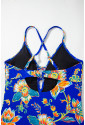 Blue Floral Plunging One-Piece Crisscross Backless One Piece Swimsuit