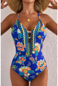 Blue Floral Plunging One-Piece Crisscross Backless One Piece Swimsuit