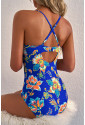 Blue Floral Plunging One-Piece Crisscross Backless One Piece Swimsuit