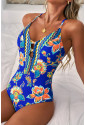 Blue Floral Plunging One-Piece Crisscross Backless One Piece Swimsuit