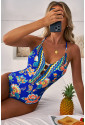 Blue Floral Plunging One-Piece Crisscross Backless One Piece Swimsuit